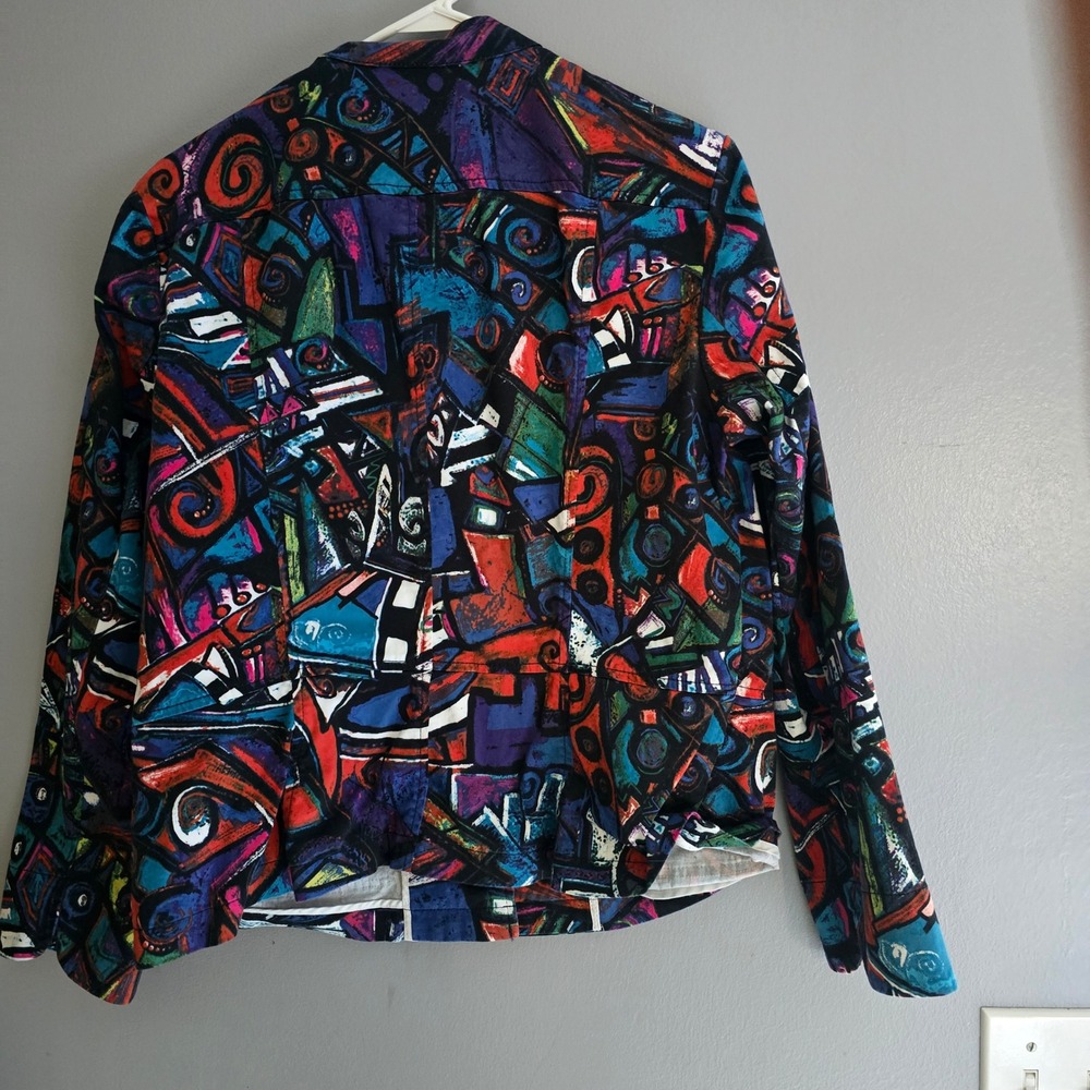Chico's Abstract Geometric Print Button Front Jacket‎ Multi Color Size 2 Large - Picture 4 of 5